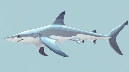 Naklejka premium A charming and playful illustration of a hammerhead shark with a flat, cartoon style. The shark is depicted swimming with a friendly expression, conveying a sense of curiosity and wonder. It represent