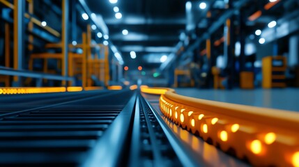 Fototapeta premium Close-up view of an industrial conveyor belt illuminated in a modern manufacturing facility with blue lighting.