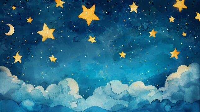 Yellow stars and crescent moon on blue night sky with clouds. Watercolor illustration