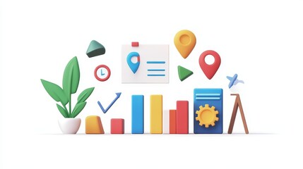 A colorful 3D illustration depicting financial milestones, featuring  a growing chart, a checkmark, a location pin, a clock, a plane, a plant, and a gear.