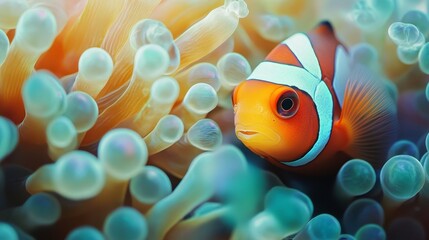 A colorful clownfish peeks out from its anemone home, its vibrant orange and white stripes contrasting with the soft, blue and orange hues of the anemone. The fish's curious expression and the intrica