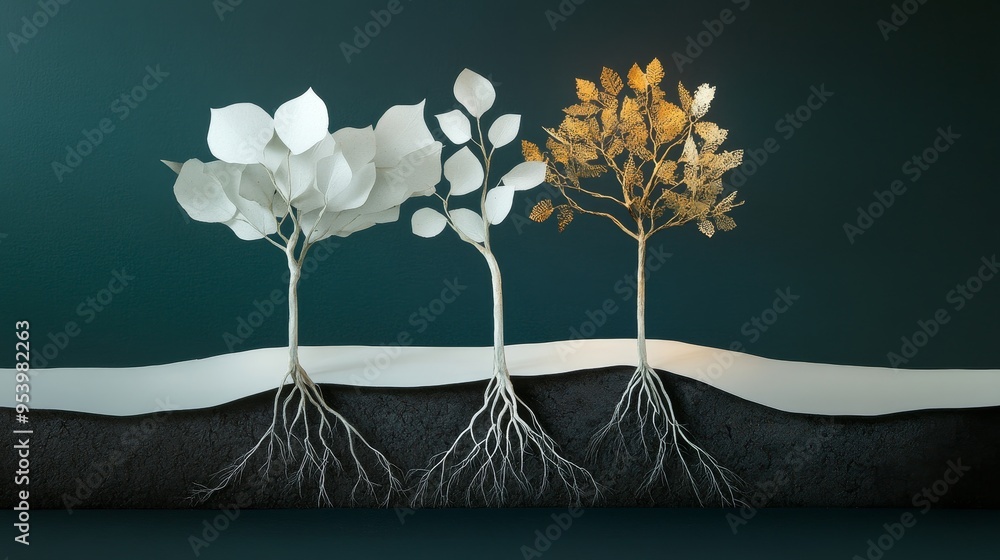 Poster A conceptual image of three paper trees with interconnected roots beneath the surface. The trees represent growth, change, and interconnectedness. The white trees symbolize beginnings, the golden tree