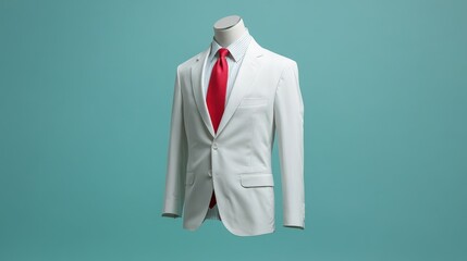 A crisp white suit jacket with a red tie, symbolizing professionalism, confidence, power, and sophistication. The clean lines and classic design make this a timeless choice for any occasion.