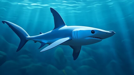 Naklejka premium A cute and friendly cartoon hammerhead shark swims through crystal clear blue water, its wide eyes and toothy grin creating a playful and fun image. This 3D illustration represents the wonder of the o
