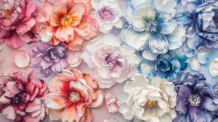 Assorted colorful flowers in various shades. Digital art illustration for design and print.