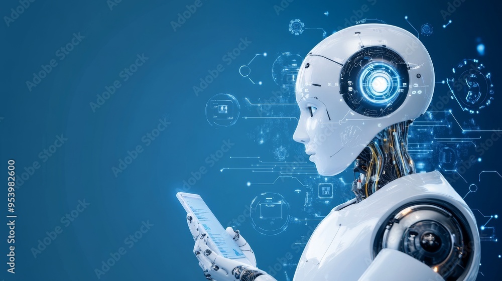 Aufkleber a futuristic ai robot using a digital tablet, showcasing the power of ai in content optimization and