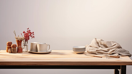 Wooden Tabletop with Coffee Cups Dried Flowers and Bowls
