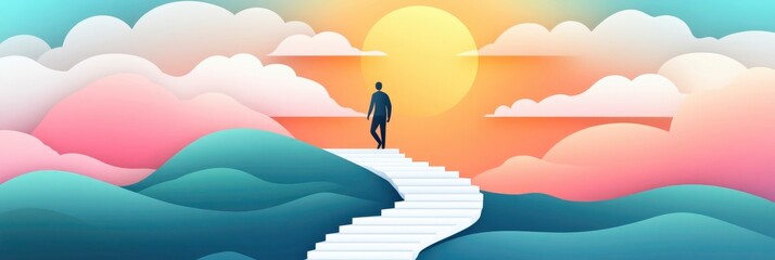 A man stands on a hill looking up at a staircase. The sky is blue and the sun is setting