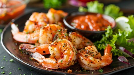 Fototapeta premium Spicy Grilled Shrimp with Fresh Salad on a Dark Plate