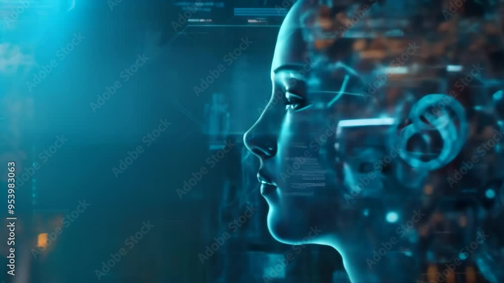 Poster Profile of a futuristic AI with a blue light beam from its eye. Concept of AI and human-robot interaction.