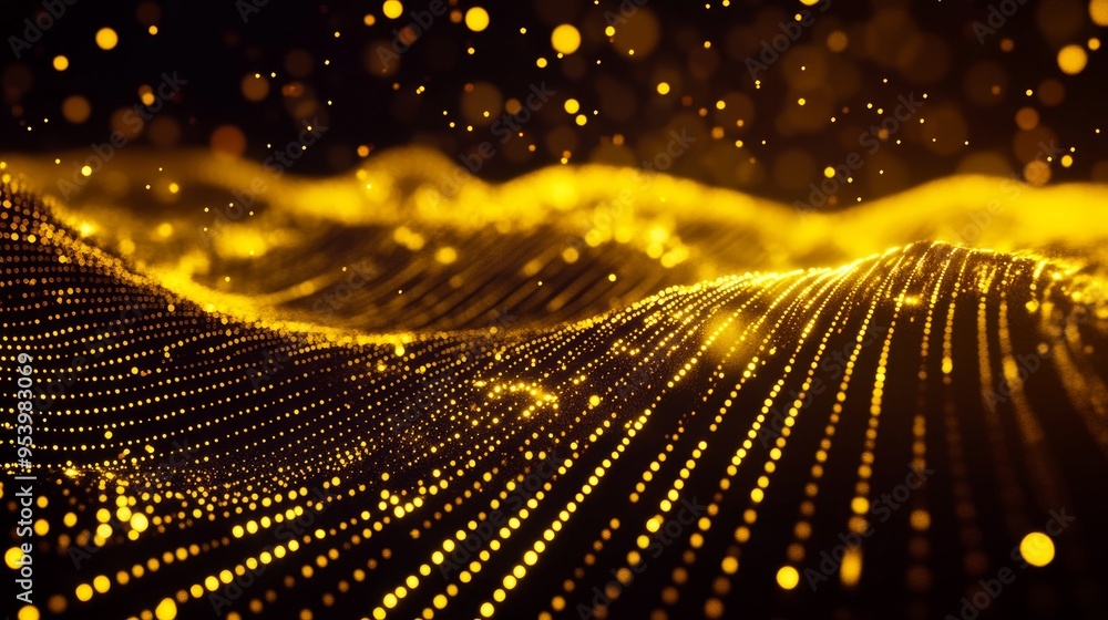 Poster a mesmerizing 3d of a golden wave, flowing and shimmering with luminous particles against a dark bac