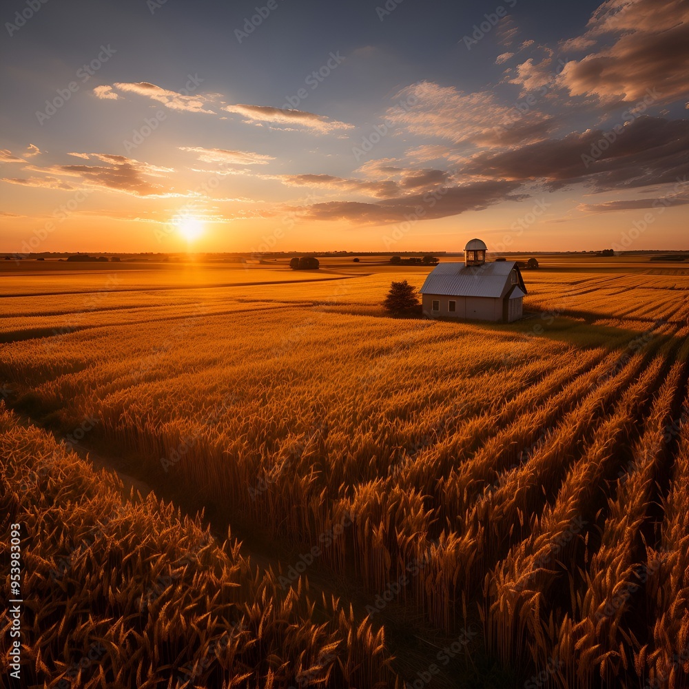Poster a field of wheat with a barn in the distance.