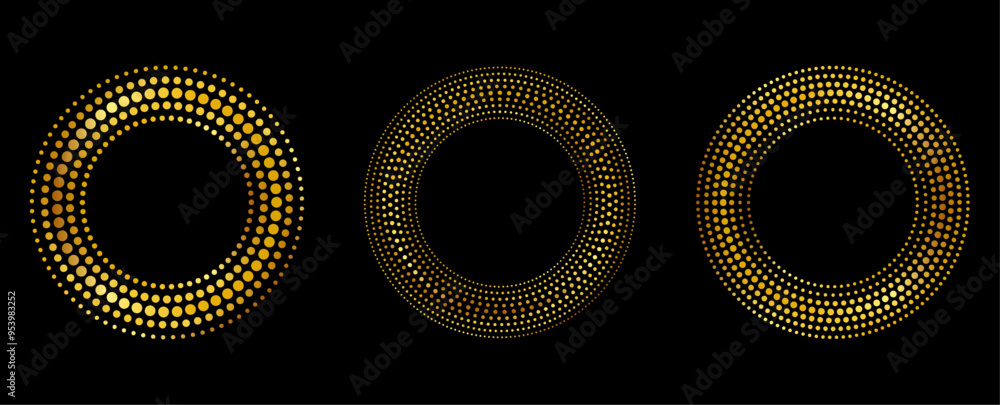 Poster golden luxury halftone round borders, dotted texture frames set. vector gold circles collection for 
