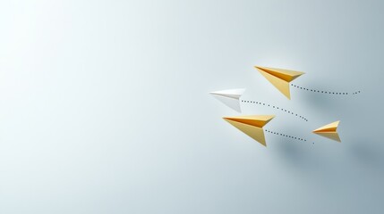 A minimalistic image depicting four paper airplanes, two gold and two white, connected by dotted lines. This symbolizes teamwork, collaboration, interconnectedness, shared goals, and collective effort