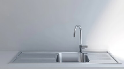 A modern stainless steel kitchen sink with a chrome faucet, isolated on a white background. The sink is clean and polished, representing cleanliness, functionality, and contemporary design. The faucet