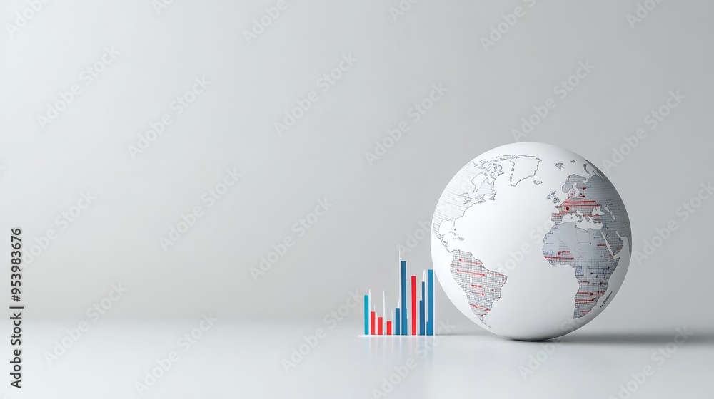 Poster a paper globe with a world map represents global reach, while a bar graph next to it symbolizes busi