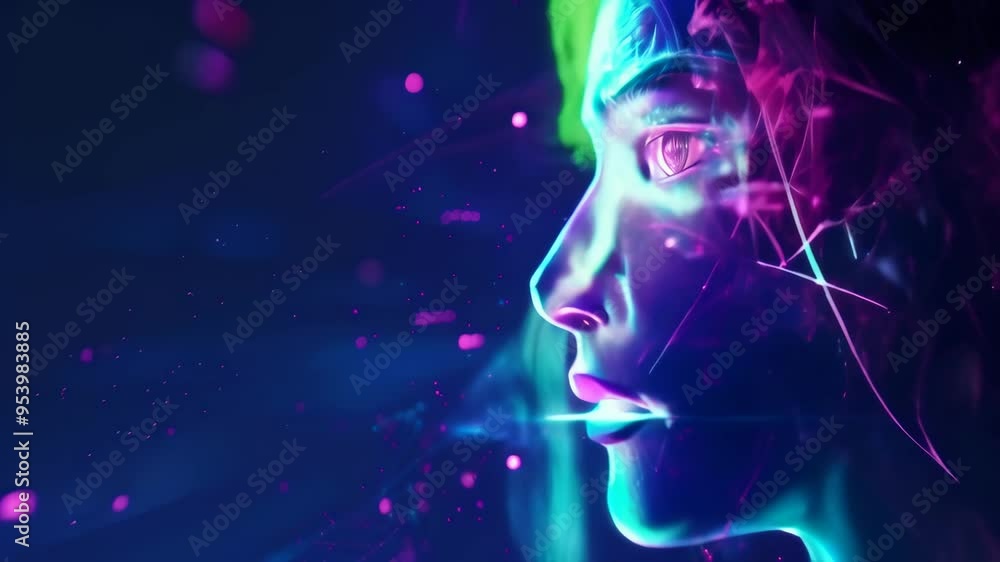 Poster futuristic digital artwork of a human face profile with neon lights and particles, symbolizing ai an