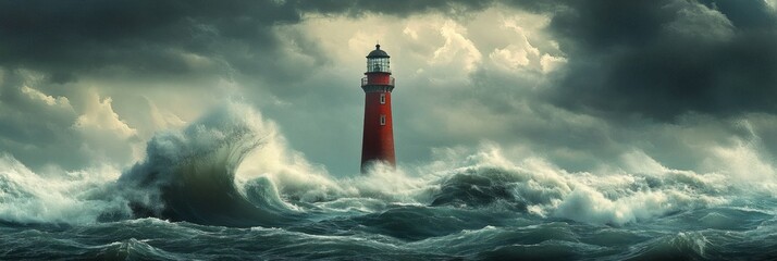 A powerful lighthouse stands firm amidst a raging sea, symbolizing hope, guidance, resilience, and the enduring strength of nature. The stormy sky and crashing waves create a dramatic backdrop, highli