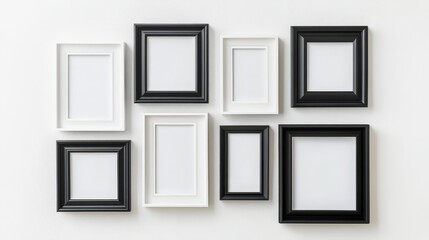 A set of 7 picture frames, 3 black and 4 white, arranged on a white wall. Perfect for displaying photos, artwork, or certificates. Adds a touch of elegance to any home decor.