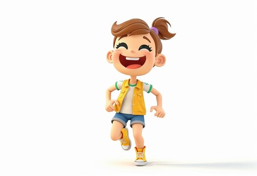 Cheerful Cartoon Girl Jumping with Joy - Isolated on Transparent Background