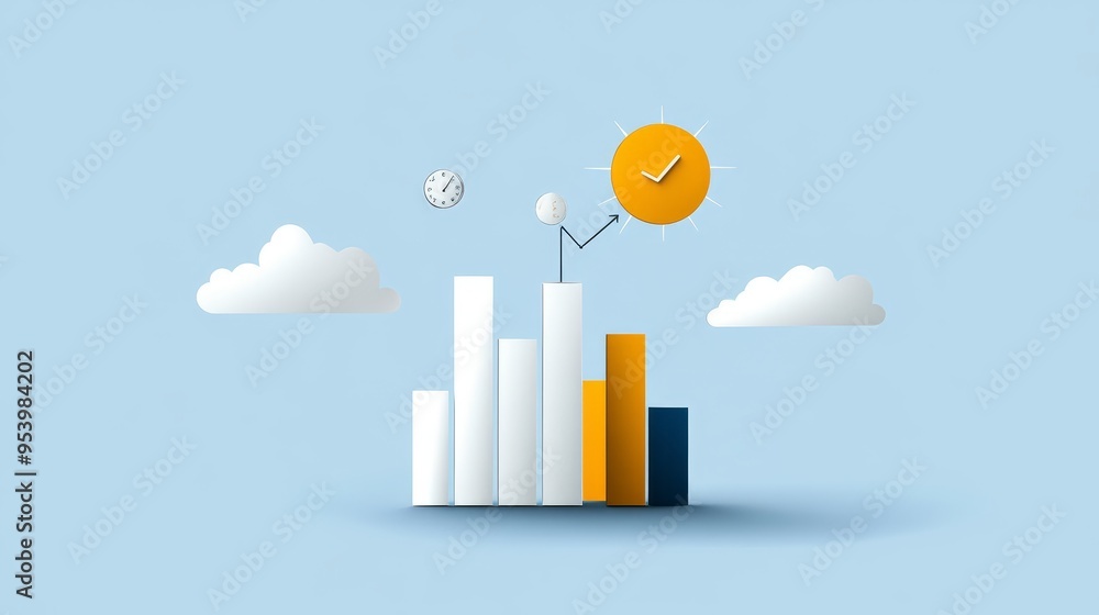 Poster a simple illustration with bar chart symbolizing sales growth, a checkmark sun representing achievem