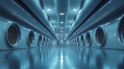 Futuristic industrial hallway with blue lighting and pipes