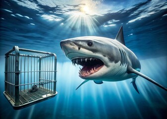 A sleek silver shark swims menacingly alongside a submerged steel cage, its sharp teeth bared in a threatening
