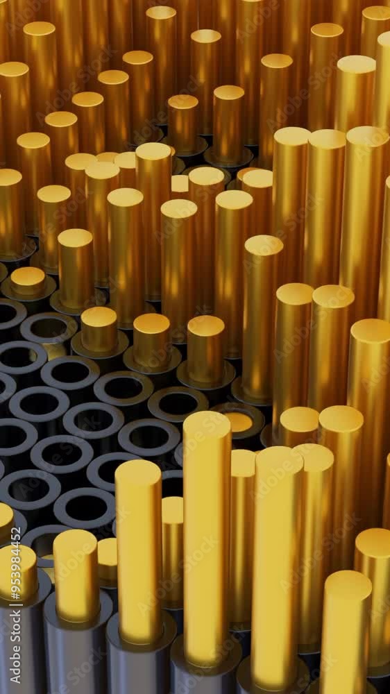 Poster 3d background with retractable metal columns. design. round 3d columns move up and down in space. co