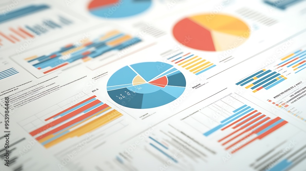 Poster close-up of colorful pie charts and bar graphs on paper