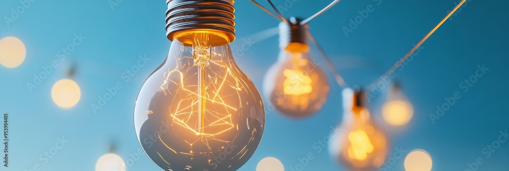 Poster a string of glowing light bulbs connected by strings, symbolizing the interconnectedness of ideas, i