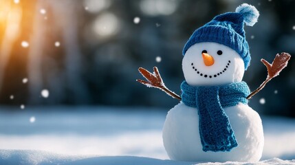 A smiling snowman with a blue scarf and hat stands in a snowy winter landscape with falling snowflakes, symbolizing winter joy, childhood innocence, festive cheer, and the beauty of nature.