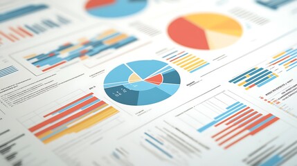 Close-up of Colorful Pie Charts and Bar Graphs on Paper