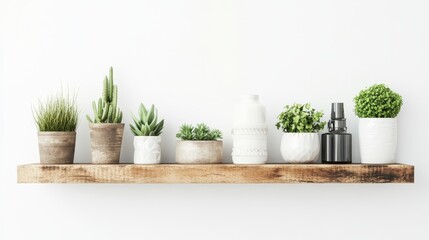 A stylish and minimalist picture ledge with a variety of plants and accessories, showcasing a modern home decor aesthetic. The ledge features a wooden design with a white background, creating a clean 