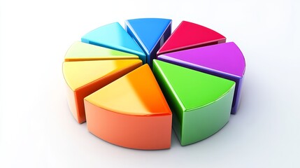 Obraz premium A vibrant 3D pie chart with 7 segments, representing data, market share, or budget allocation. Each segment is a different color, visually appealing and easy to understand.