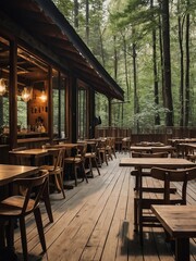 An idyllic wooden cafe set in a forest, offering a cozy escape with natural surroundings.