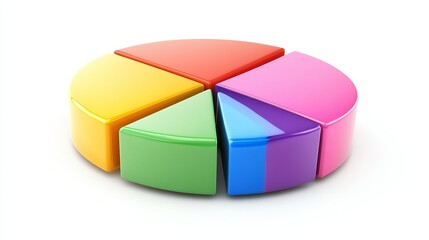 Obraz premium A vibrant 3D pie chart, segmented into six colorful sections, representing different parts of a whole. The chart is isolated on a white background, making it perfect for presentations and reports.