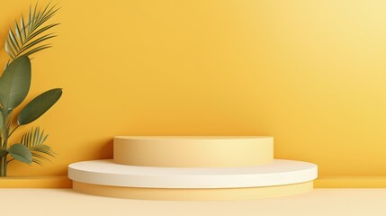 A minimalist display setup featuring circular platforms against a vibrant yellow background with a plant accent.