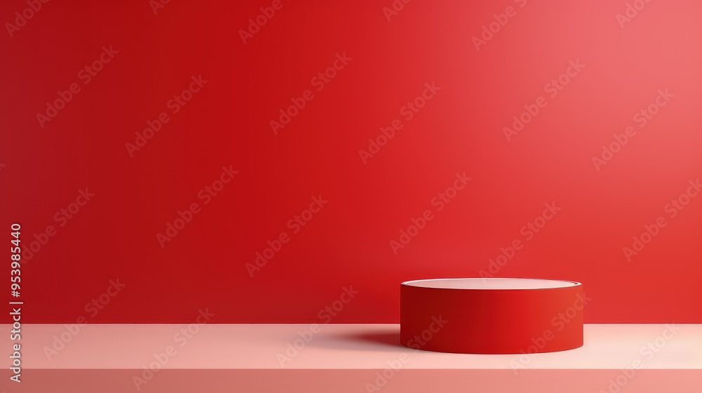 Poster a minimalistic red display with a circular pedestal against a matching background, ideal for showcas