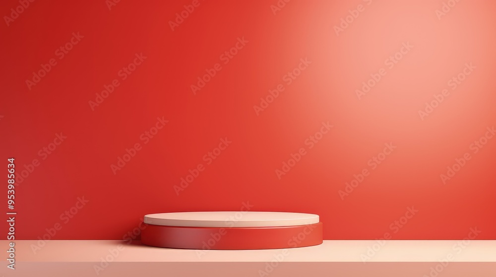 Poster a minimalistic display platform against a solid red background, ideal for showcasing products or art