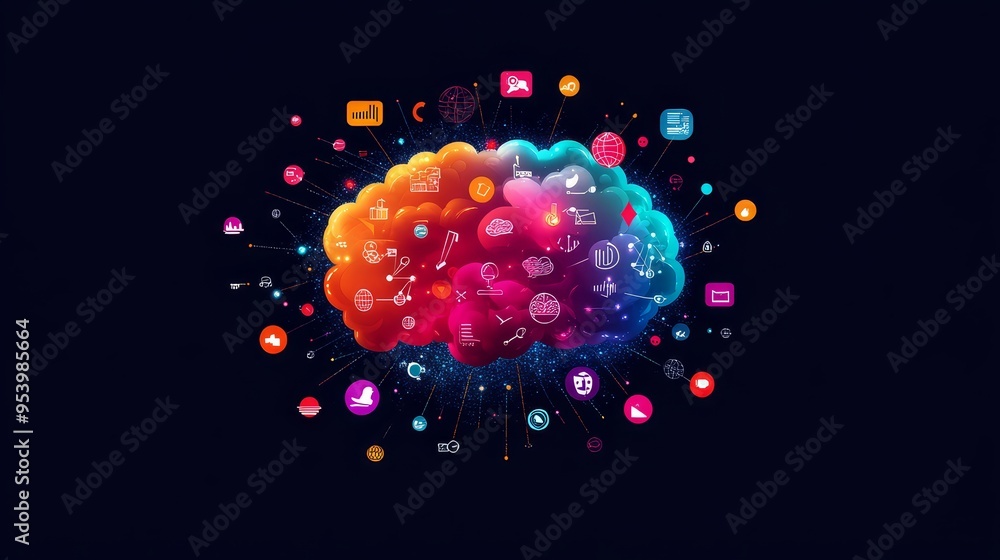 Poster an abstract illustration depicting a colorful cloud with numerous icons representing various aspects