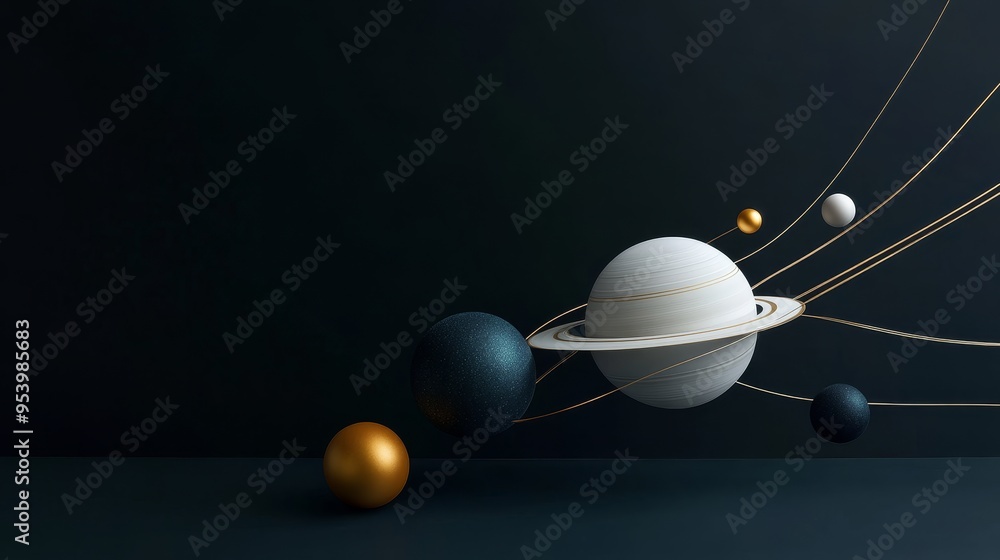Poster abstract minimalist composition of planets connected by orbit lines symbolizing cosmic connection, u
