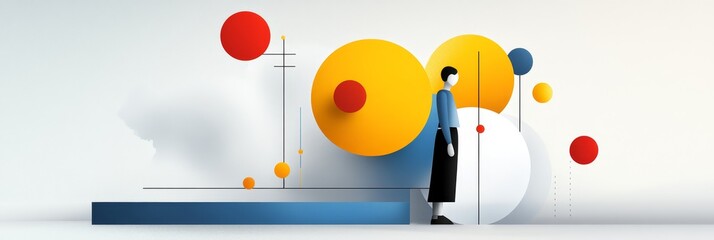 Obraz premium An abstract illustration of a person standing in front of a wall with colorful circles and lines, symbolizing data analysis, growth, strategy, and reaching goals.