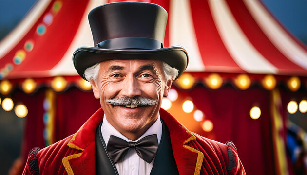 A headshot of a circus ringmaster in full costume, featuring a top hat, red coat, and elaborate mustache. The background is a blurred circus tent, emphasizing the ringmaster's charismatic expression a