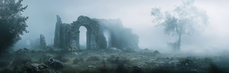 Ancient stone ruins, possibly a forgotten temple or castle, stand shrouded in mist, suggesting mystery and lost civilizations. The fog creates an eerie atmosphere, enhancing the feeling of isolation a