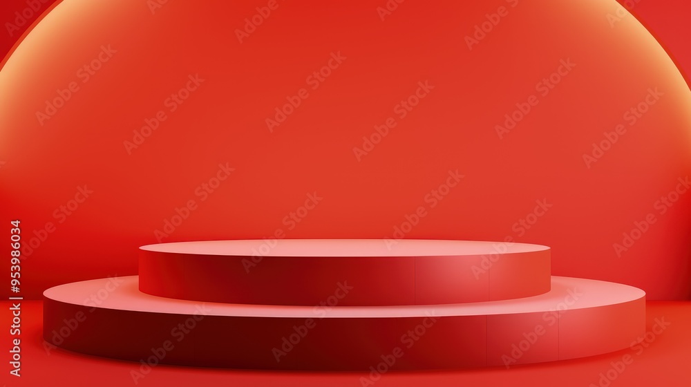 Poster a minimalist red stage setup with circular platforms and a smooth background, ideal for presentation
