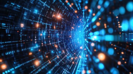 Obraz premium Big data visualization showing information analytics with abstract information flow, sphere array and binary code. Data filtering and sorting machine algorithm in technology background