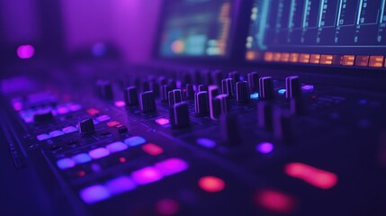 Closeup of a sound mixing console with purple and pink lighting