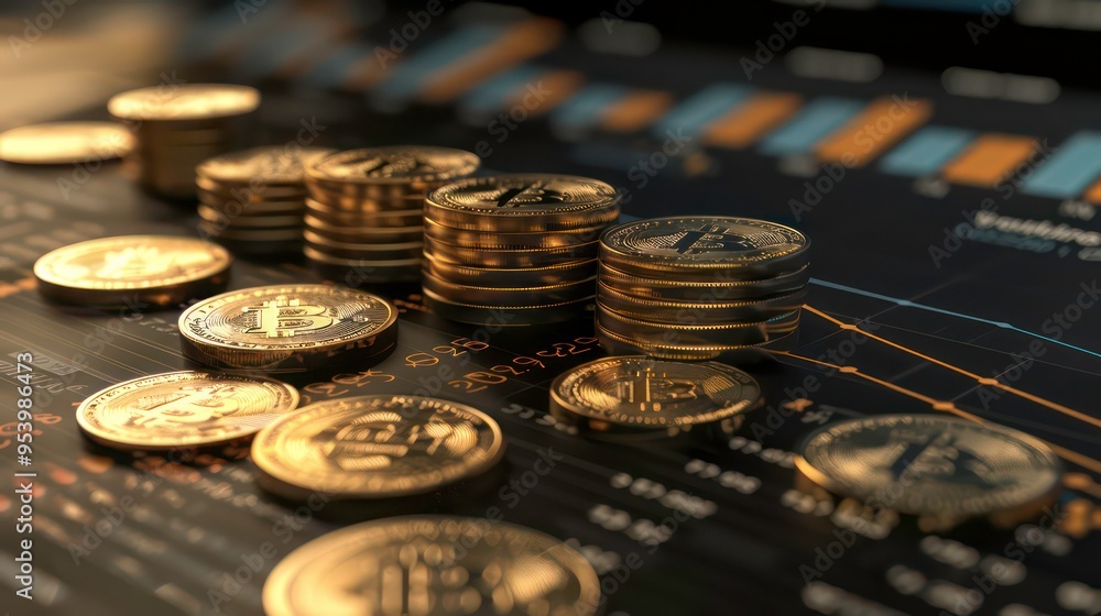 Poster closeup of golden bitcoin cryptocurrency coins stacked on a black background with a graph in the bac