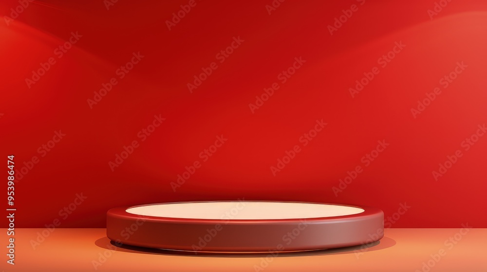 Poster a minimalist display platform against a smooth red backdrop, ideal for showcasing products or art.