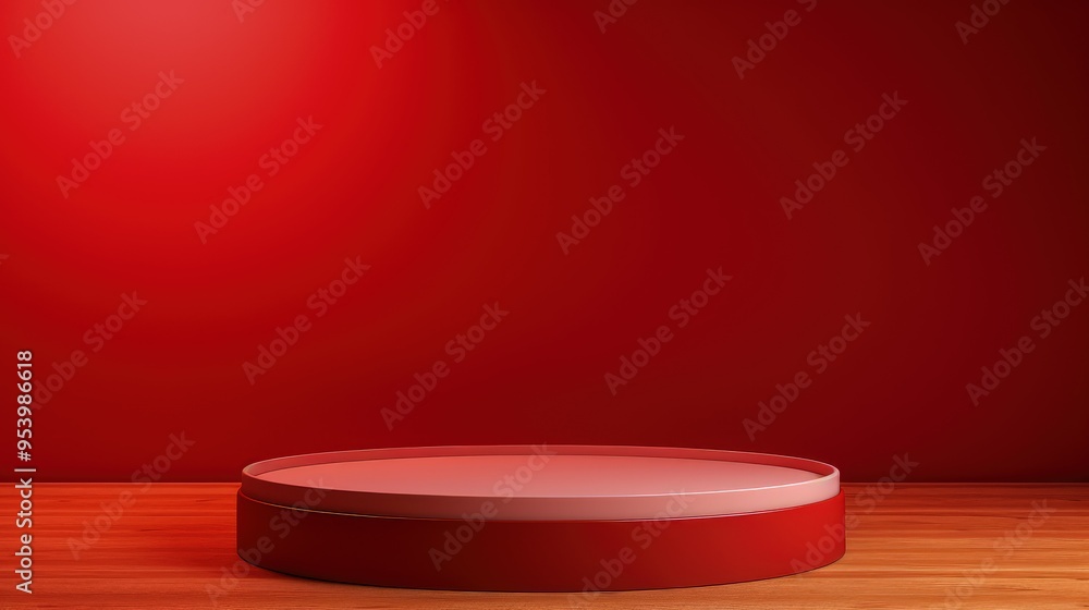 Poster a simple red stage with a circular platform against a red wall, ideal for presentations or displays.